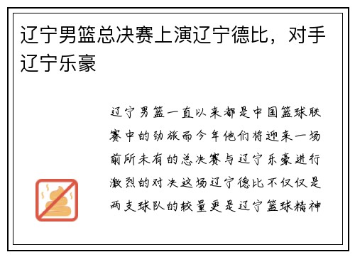 辽宁男篮总决赛上演辽宁德比，对手辽宁乐豪